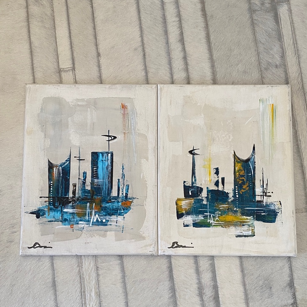 A Pair Original Abstract Cityscape Canvas Art Signed in Blue and Gray